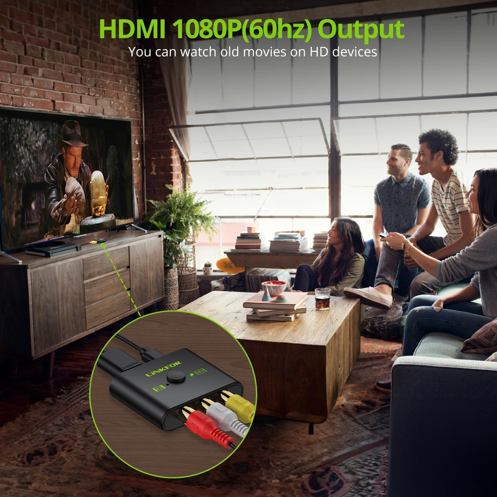 LiNKFOR RCA to HDMI Converter,1080P AV Converter,16:9/4:3 Black