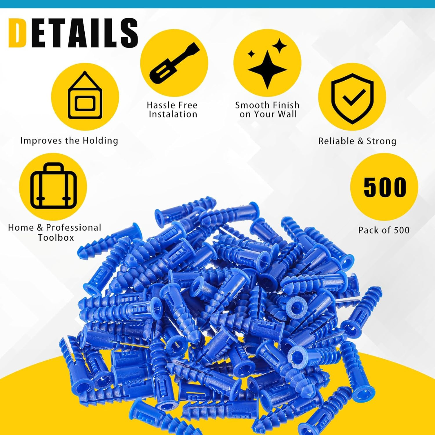 500PCS #8–12 x 1-1/4″ Ribbed Plastic Drywall Anchors for Hollow Walls Blue