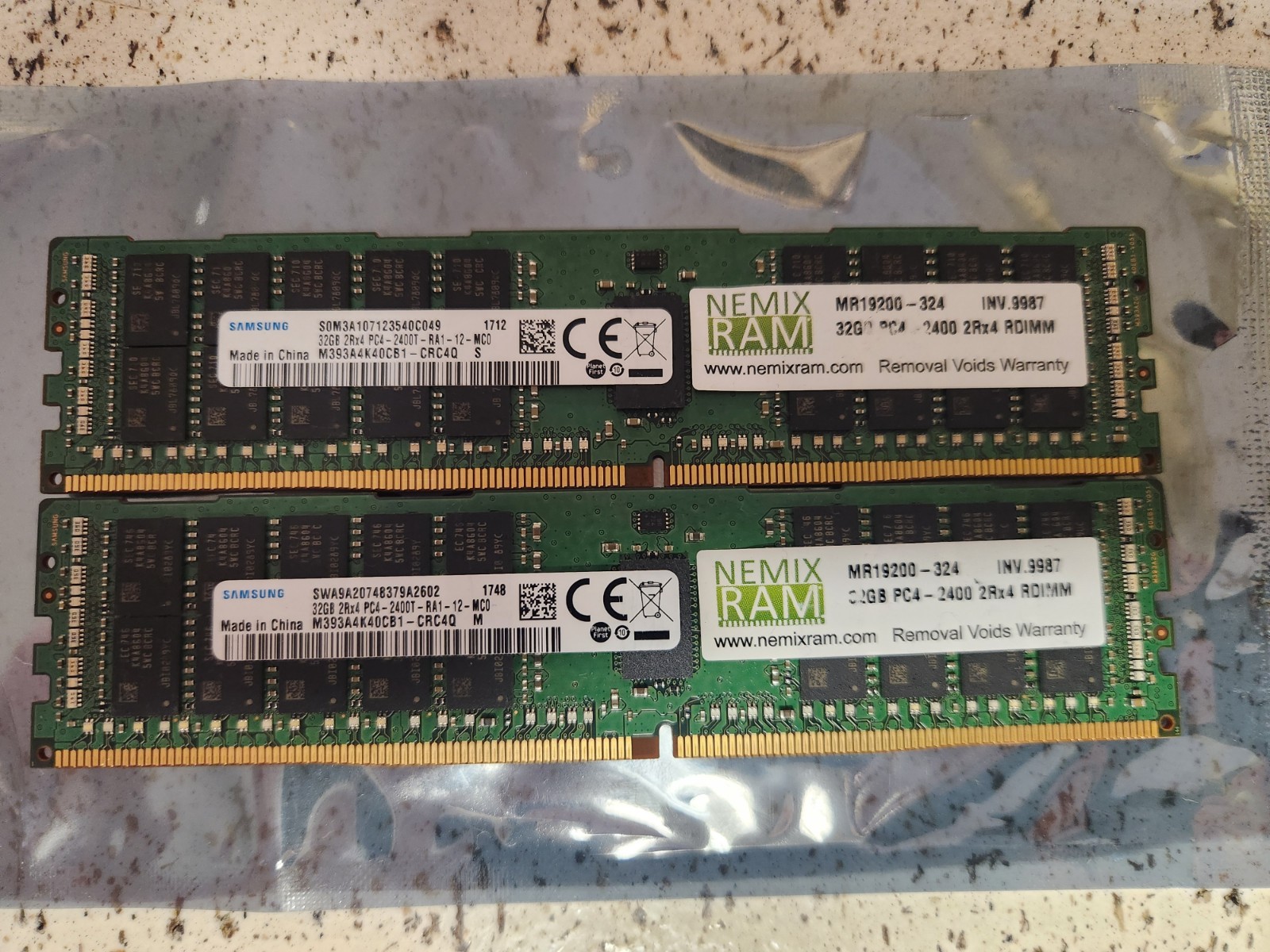 2 × 32GB Samsung/Nemix DDR4-2400 ECC Registered RDIMM server memory, 64GB total