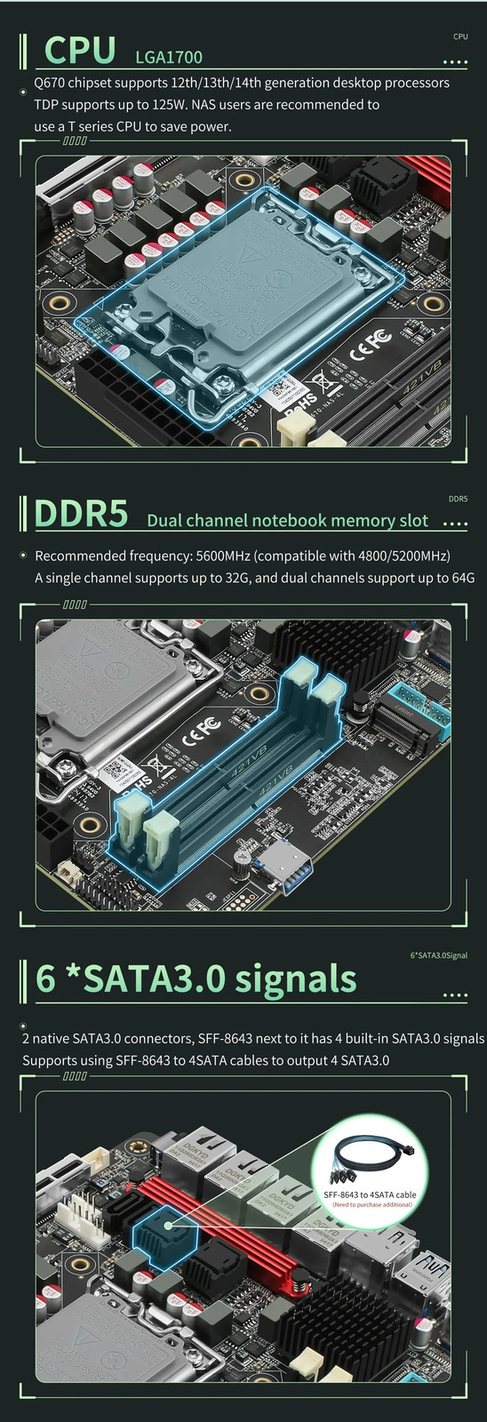 Intel vPro Q670 NAS Motherboard 4*2.5G LAN 6*NVMe 6*SATA 3.0 PCIE 5.0×16 2*DDR5