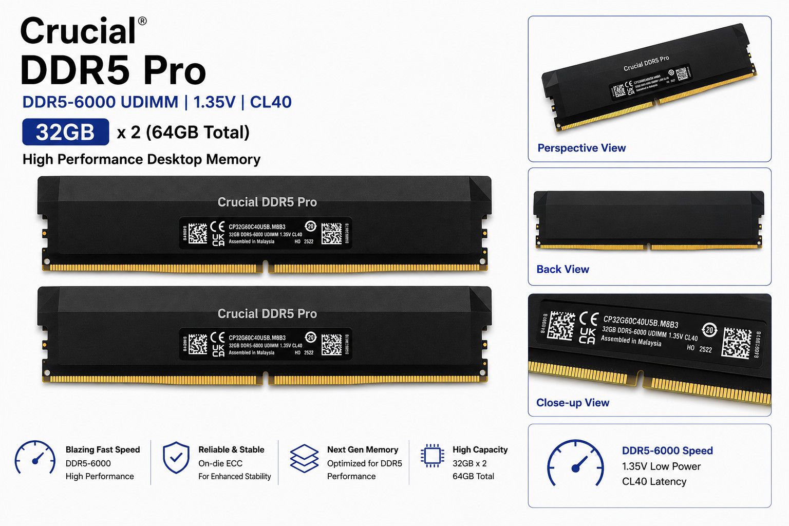 Crucial DDR5 Pro 64GB Kit (2x32GB) DDR5-6000 CL40 UDIMM Desktop RAM Never Used