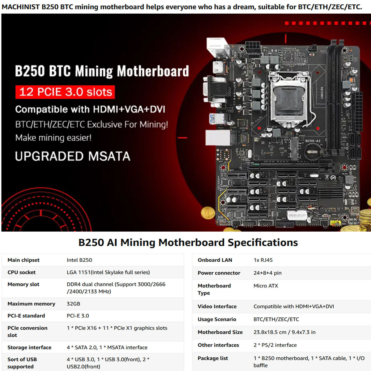 B250 Mining Motherboard LGA 1151 DDR4 RAM with 12 GPU Slots for BTC/ETH/ZEC/ETC