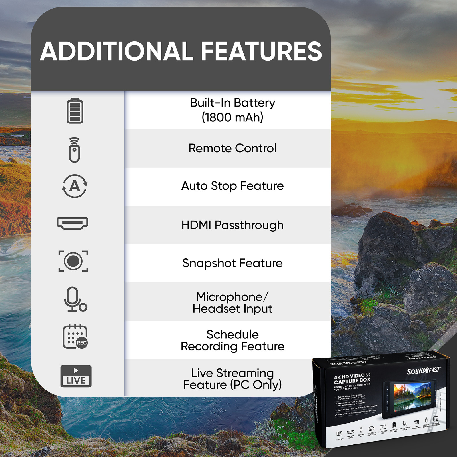 SoundBeast 4K HD Video Capture Box – Capture or Live Stream HDMI AV RCA – 5″ LCD