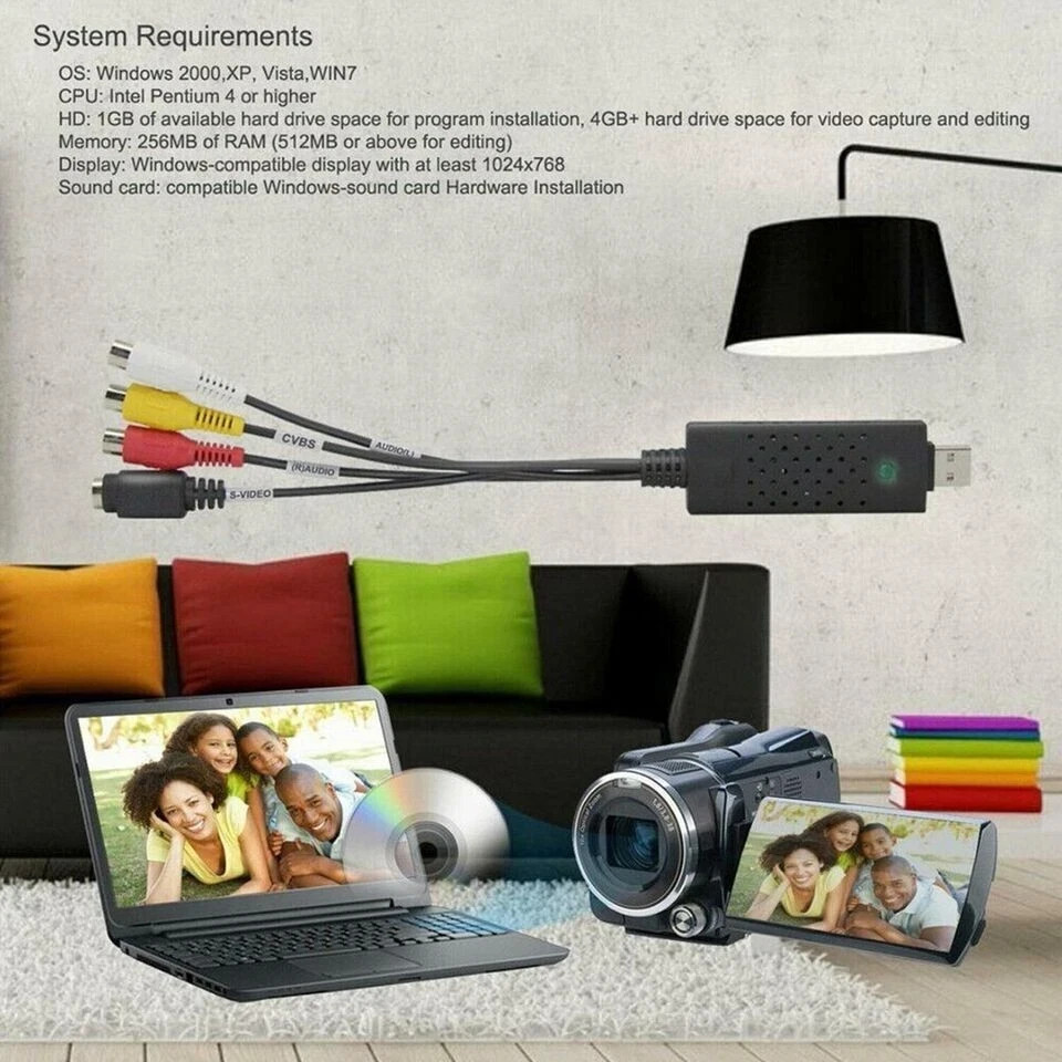 USB 2.0 Capture Card Convert VHS LP Tape to Digital DVD RCA S-Video Convertor
