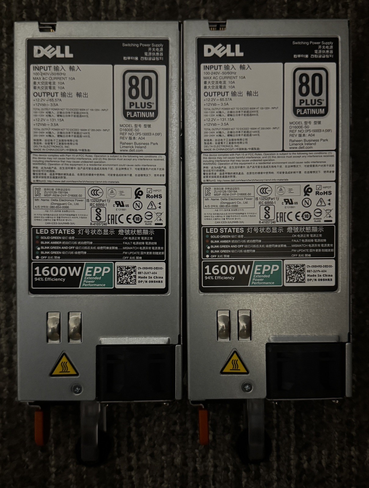 2X DELL 095HR5 EPP 1600W 80 PLUS PLATINUM POWER SUPPLY VRTX R740 R720XD 95HR5