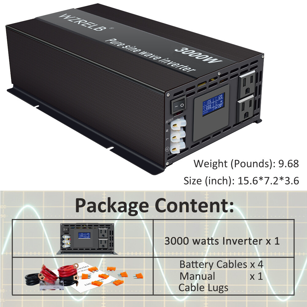3000W Power Inverter Pure Sine Wave 12V 110V 120V Car Truck Motor RV Solar Camp