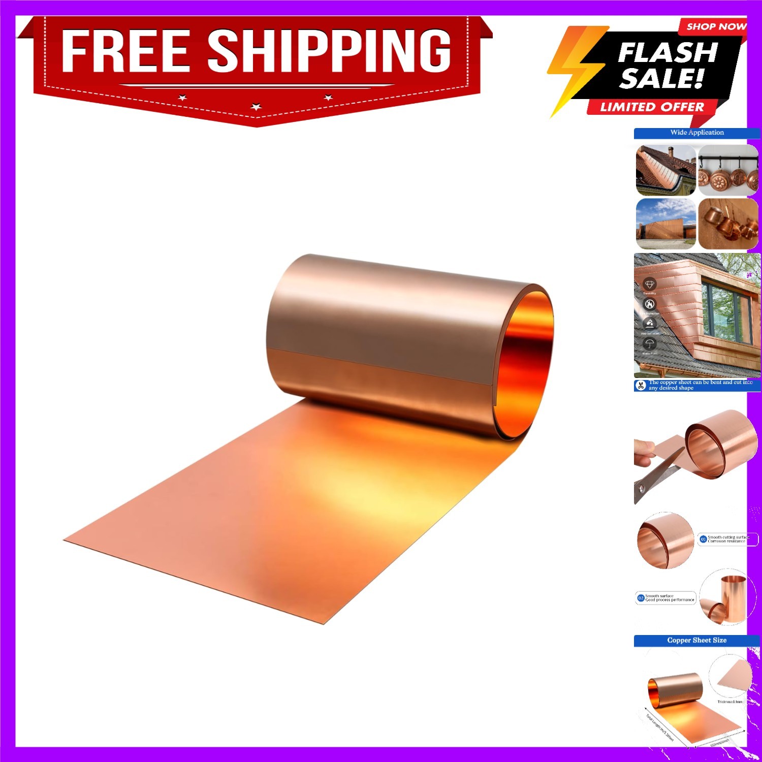 Pure Copper Foil Roll, 0.1mm Thickness x 150mm Width x 1M Length, 99.9% Coppe…