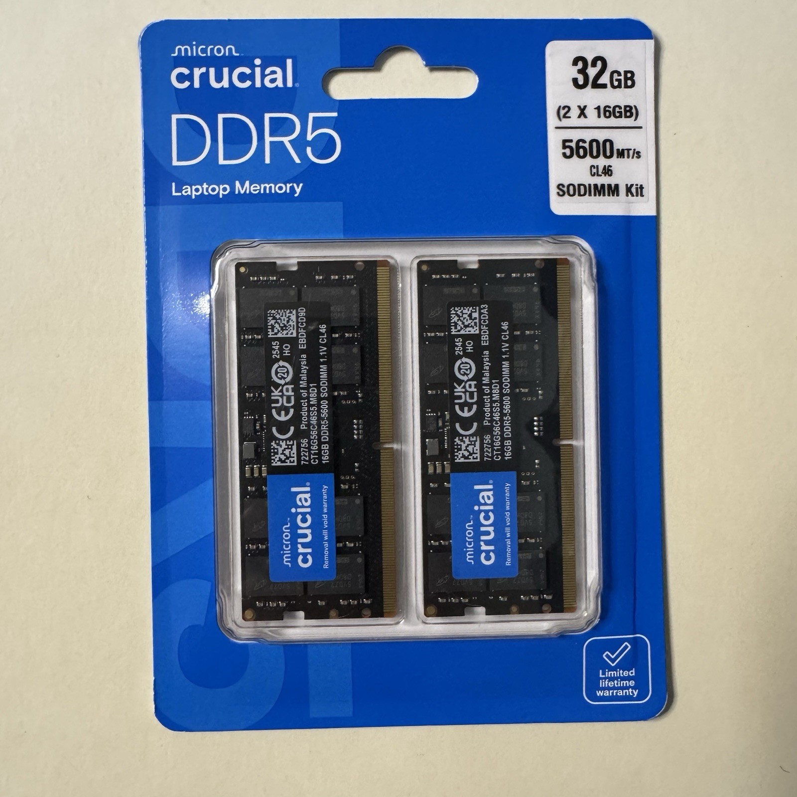 Crucial Micron 32GB Kit 2x16GB DDR5 5600MT (PC5-44800) SODIMM Laptop Kit NEW