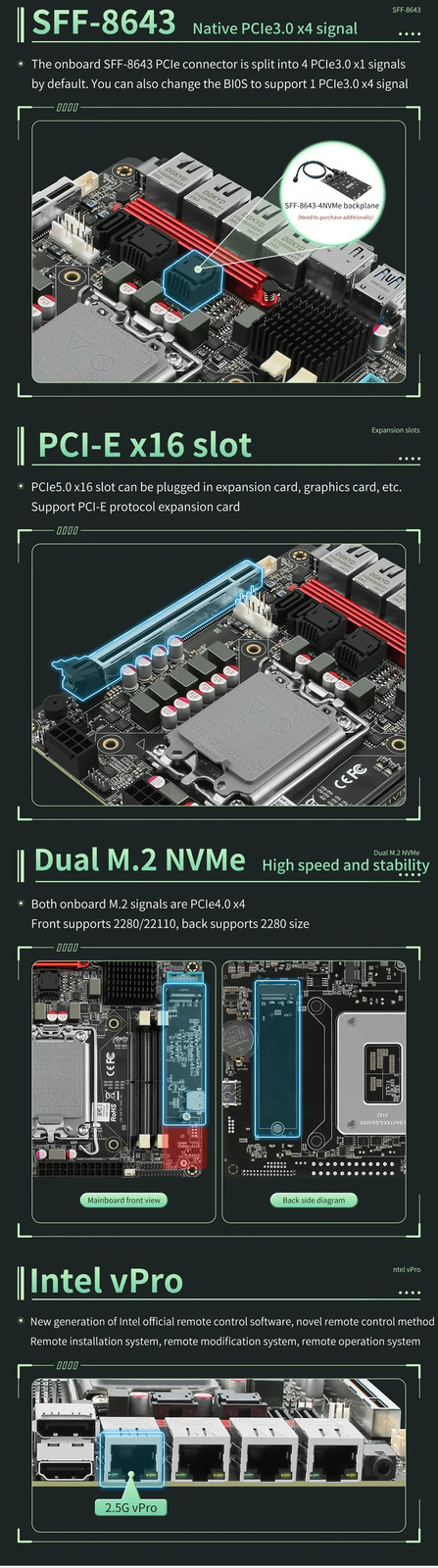Intel vPro Q670 NAS Motherboard 4*2.5G LAN 6*NVMe 6*SATA 3.0 PCIE 5.0×16 2*DDR5