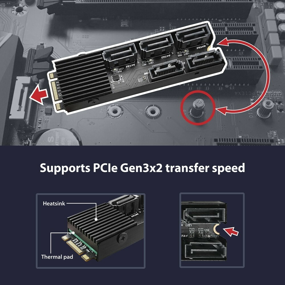Vantec M.2 PCIe Gen3x2 B+M Key To 5 Ports SATA III Expansion Card
