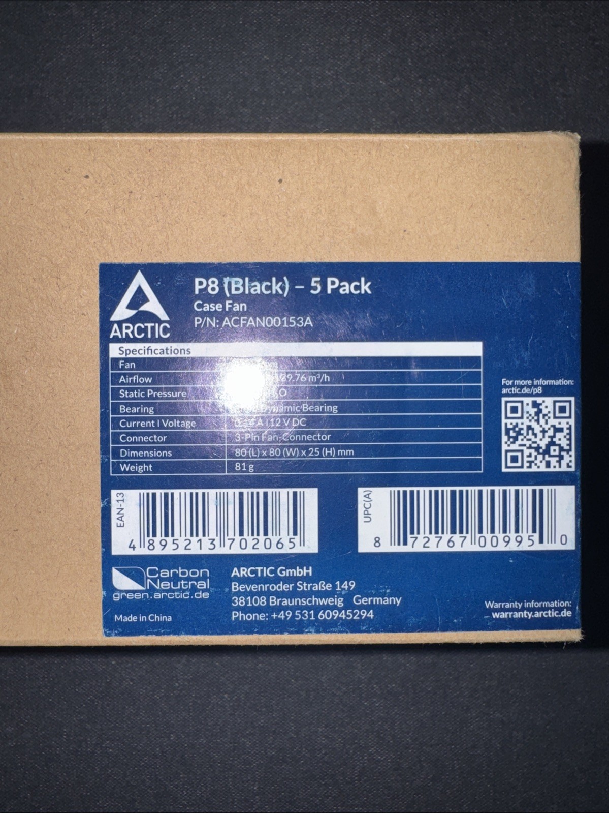 ARCTIC P8 (Black) 5 Pack 80 mm Case Fan quiet motor Computer 3000 RPM PC